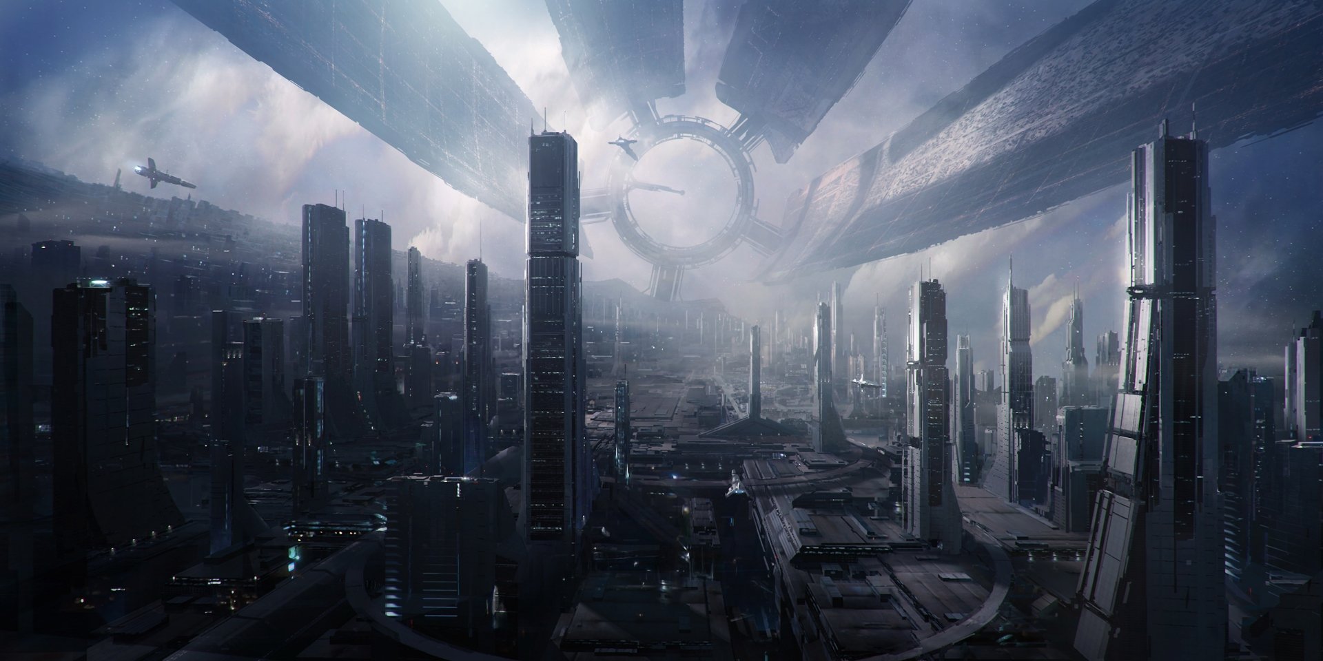 Futuristic cityscape with towering buildings and a large spaceship hovering above, set in the sci-fi universe of Mass Effect 2.