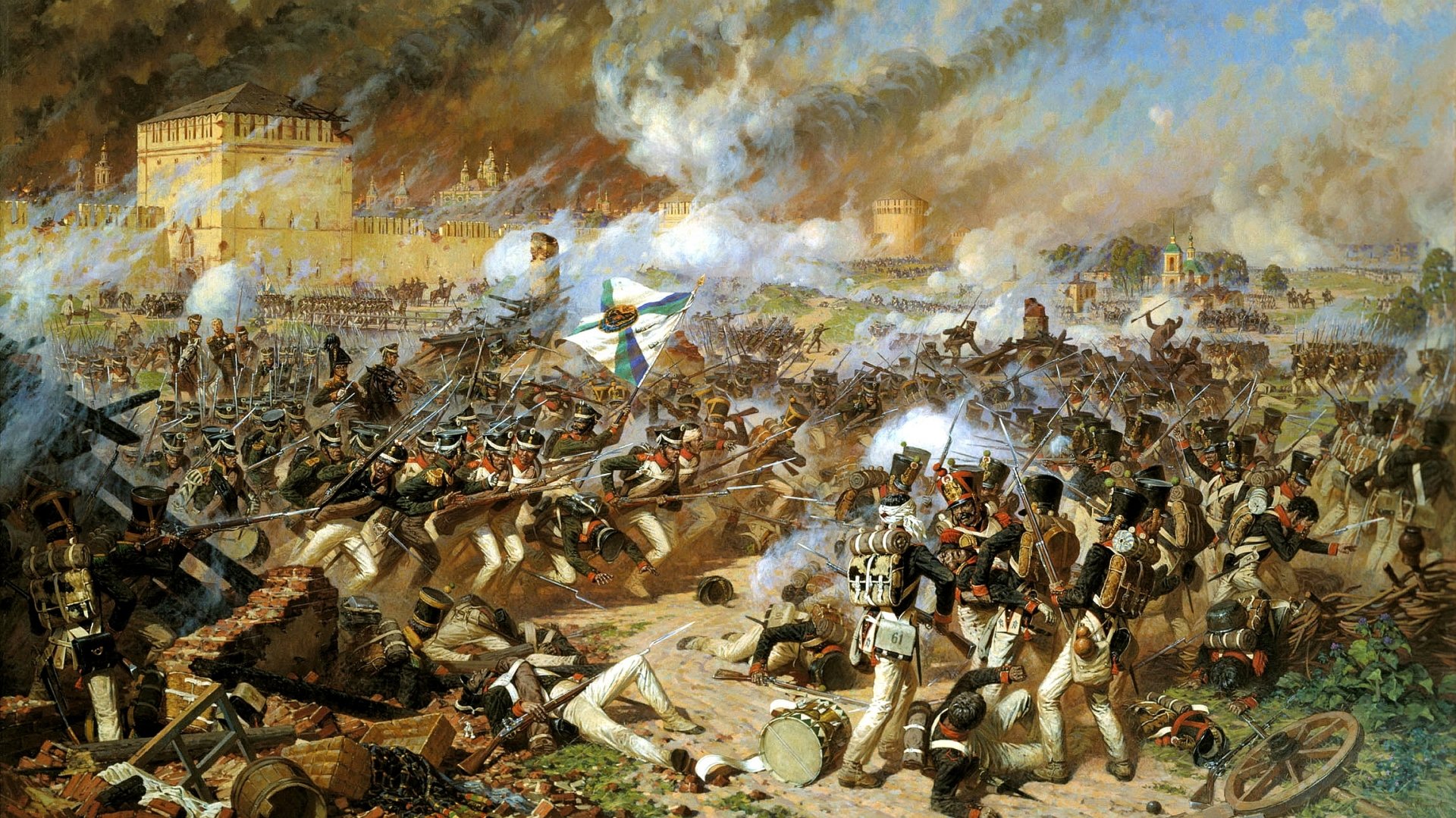 Historic Defence of Smolensk: 19th-century soldiers in a smoke-filled battlefield, artillery and infantry clashing amid earthworks and a fortress.
