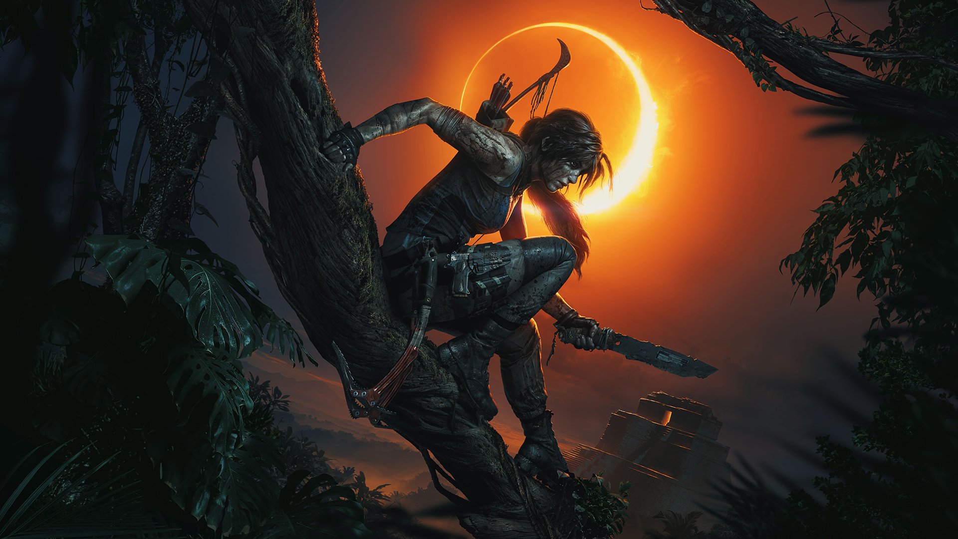 Lara Croft, the iconic woman warrior from Shadow of the Tomb Raider, climbs a tree under a moonlit sky, with an eclipse illuminating the night around her.