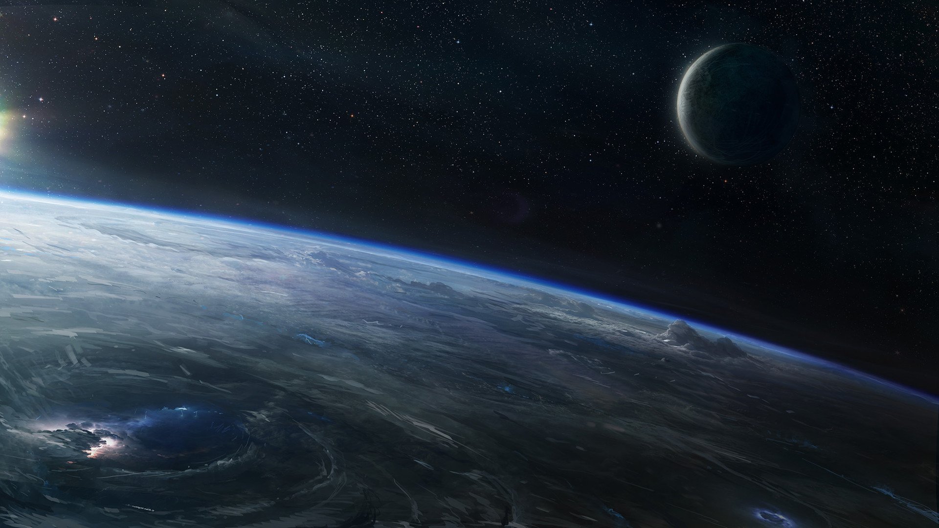 Orbital view of a cloud-covered planet with a nearby moon and sunlit horizon, a Halo video game space scene with swirling storms and a starry backdrop.