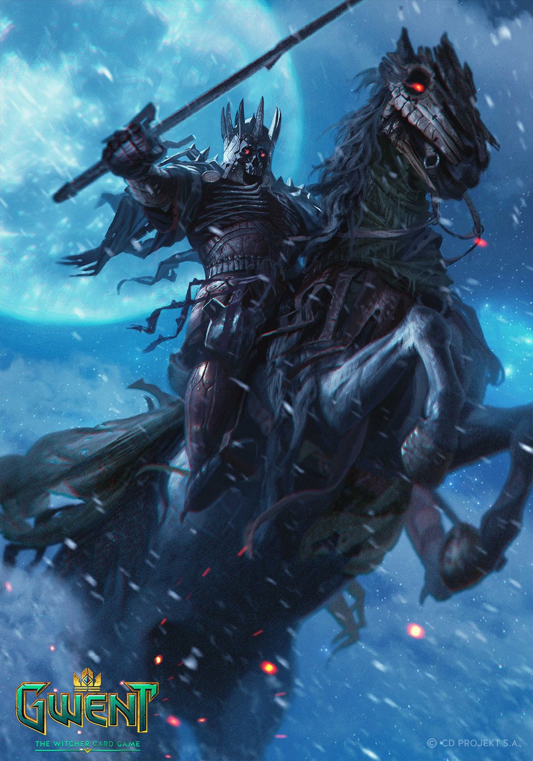 Eredin Bréacc Glas, a fearsome armored figure with glowing red eyes, rides a spectral horse under a full moon in the video game Gwent: The Witcher Card Game.