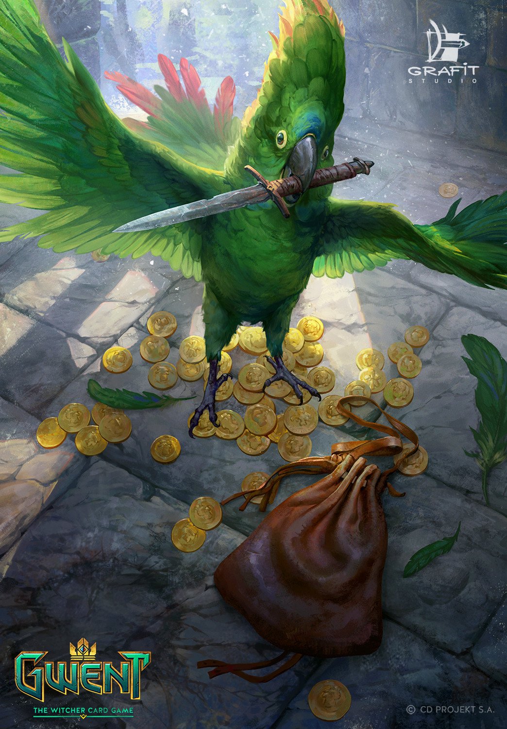 Gwent: The Witcher Card Game artwork shows a green parrot clutching a dagger in its beak atop scattered gold coins and a spilled leather coin pouch.