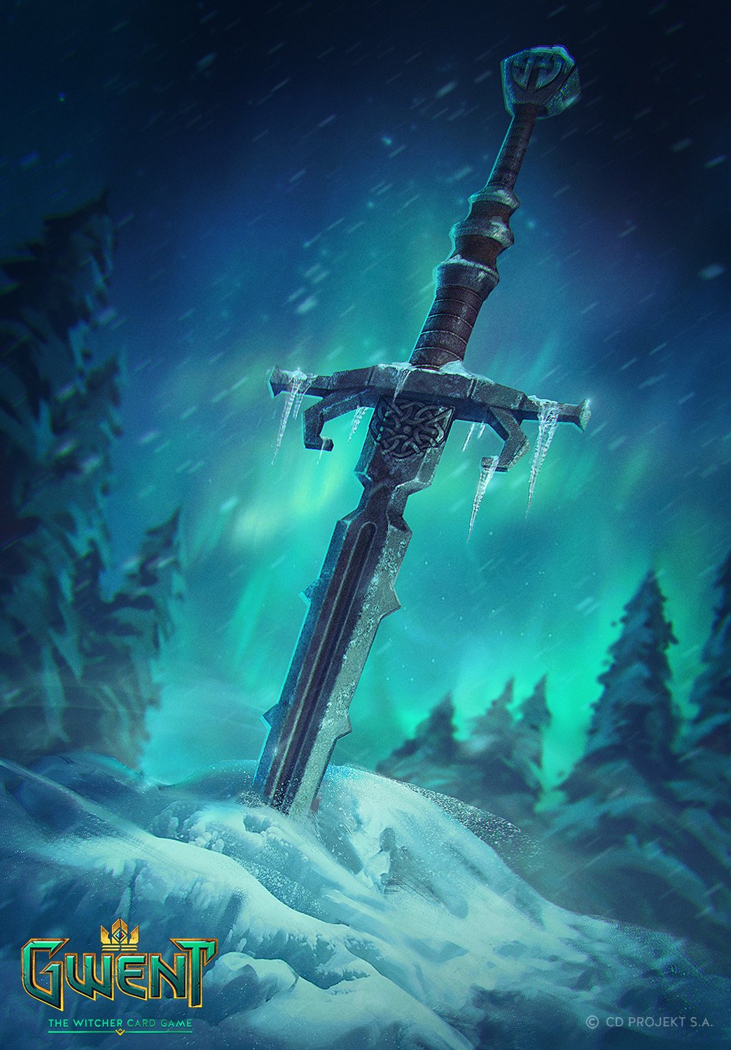 A frost-covered, ornate sword embedded in snow under a glowing northern lights sky, featuring the logo of the video game Gwent: The Witcher Card Game.