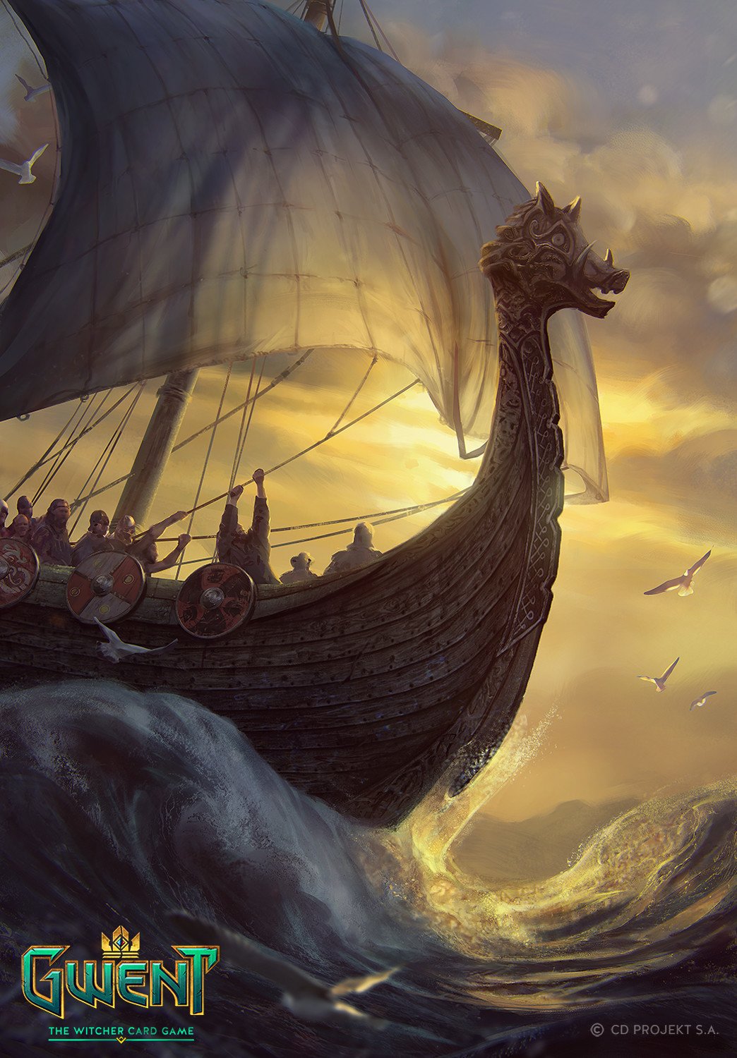 A Viking longship with a dragon-headed prow sails through turbulent waters at sunset, depicted in artwork for the video game Gwent: The Witcher Card Game.