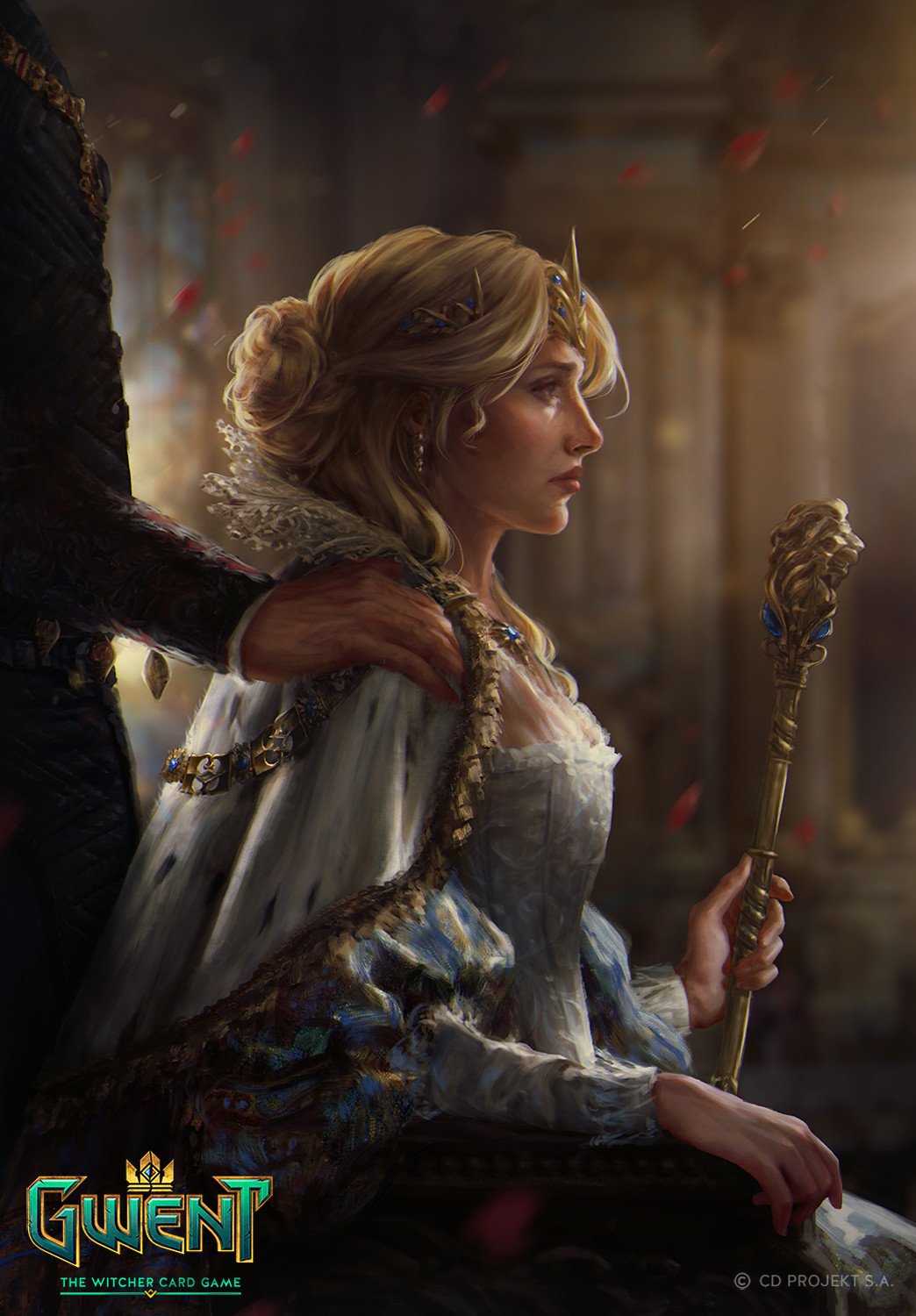 Artwork from the video game Gwent: The Witcher Card Game depicting a regal woman holding a scepter, with a dark figure placing a hand on her shoulder in a grand setting.