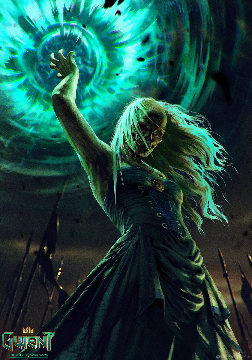 A dark, magical figure with flowing hair summons a swirling blue-green vortex overhead in art from the video game Gwent: The Witcher Card Game.
