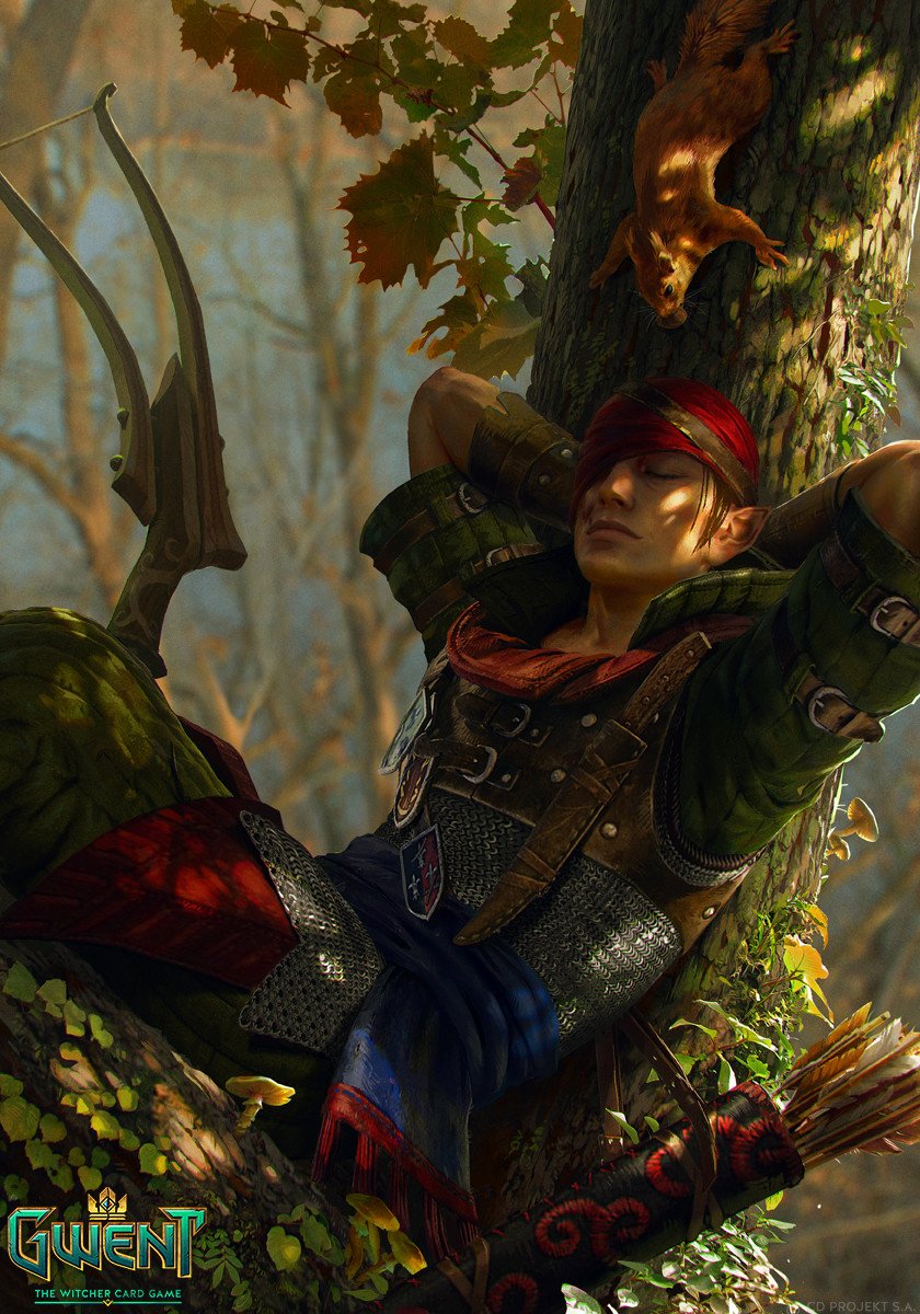 Archer relaxing against a tree with a squirrel above and quiver at his side — artwork from the video game Gwent: The Witcher Card Game.