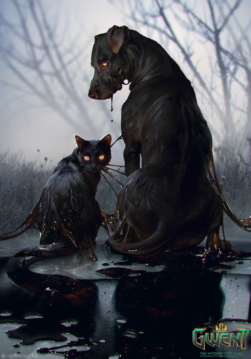 A dark, eerie dog and cat with glowing eyes sit in a shadowy, reflective pool, evoking the chilling atmosphere of the video game Gwent: The Witcher Card Game.
