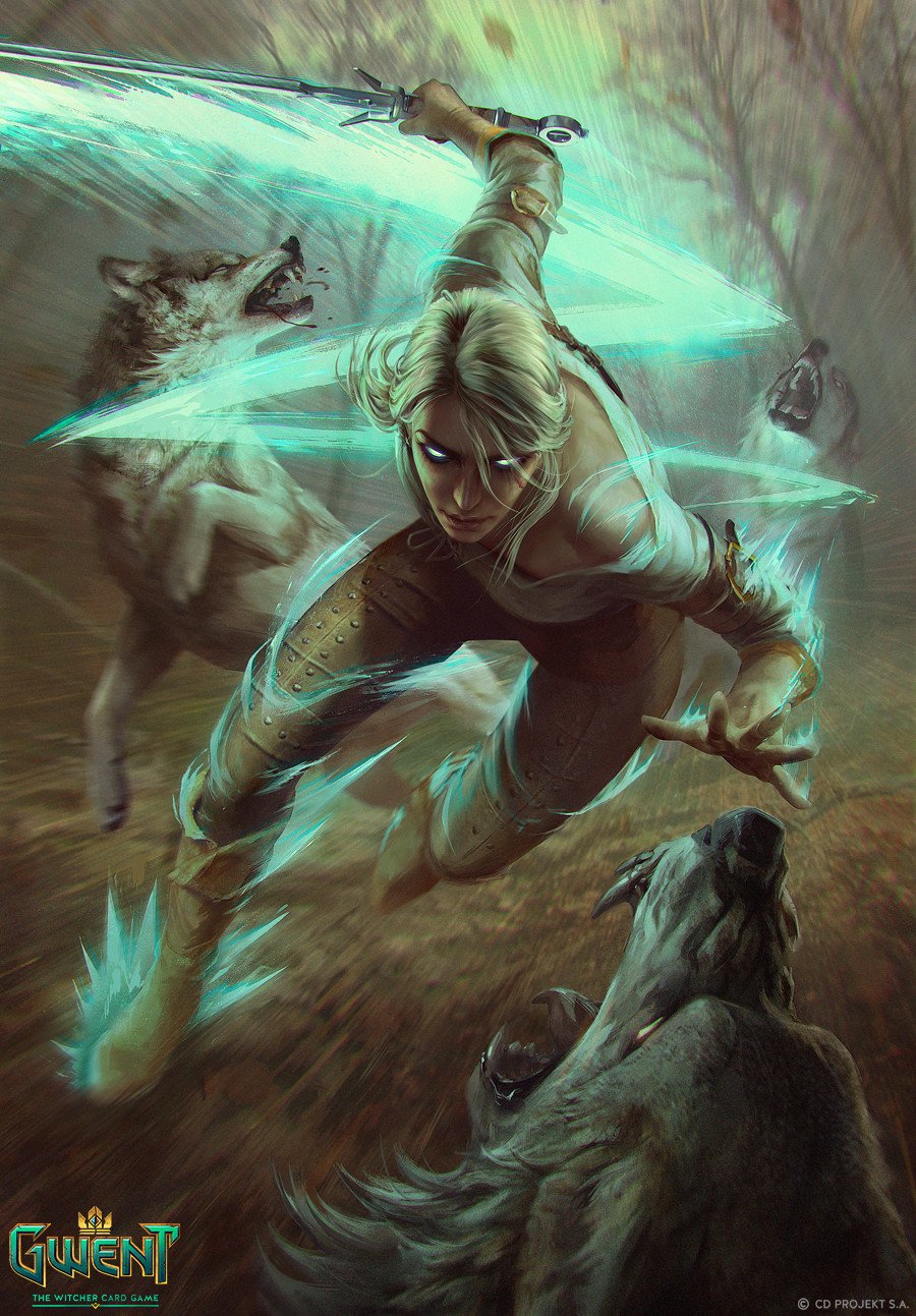 Ciri from The Witcher lunges through a forest, glowing spectral blades swirling around her as wolves leap — artwork for the video game Gwent: The Witcher Card Game.