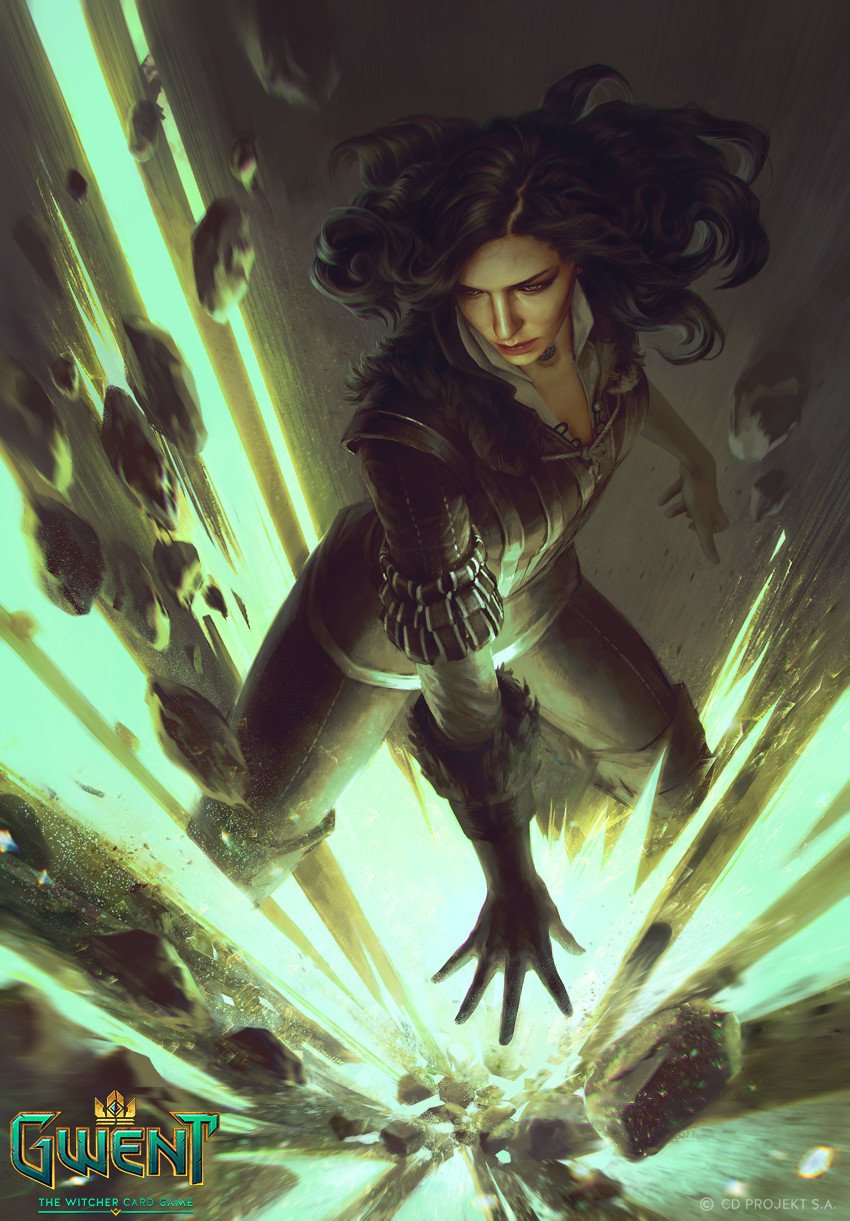 Yennefer of Vengerberg from Gwent: The Witcher Card Game — dark-haired sorceress descending, unleashing green magical energy that shatters stone beneath her.