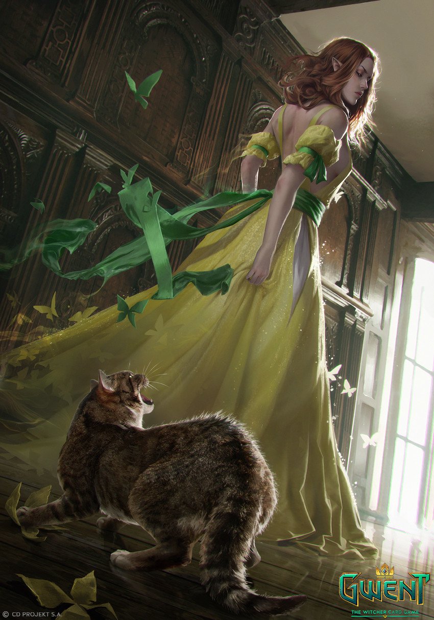 A red-haired woman in a flowing yellow dress stands in a sunlit room with green ribbons swirling around her, accompanied by a large cat, from the video game Gwent: The Witcher Card Game.
