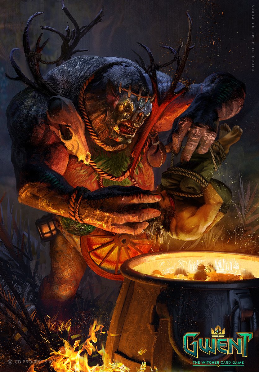 Antlered, masked giant stirs a fiery cauldron at night; artwork for the video game Gwent: The Witcher Card Game.