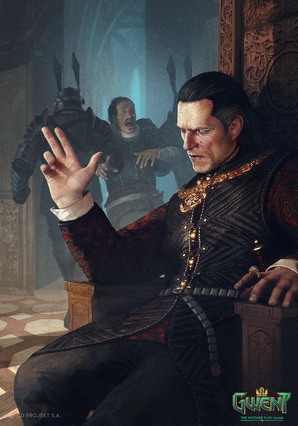 Emhyr var Emreis, depicted in detailed attire, sits commandingly on a throne with two armored figures behind him in a scene from the video game Gwent: The Witcher Card Game.