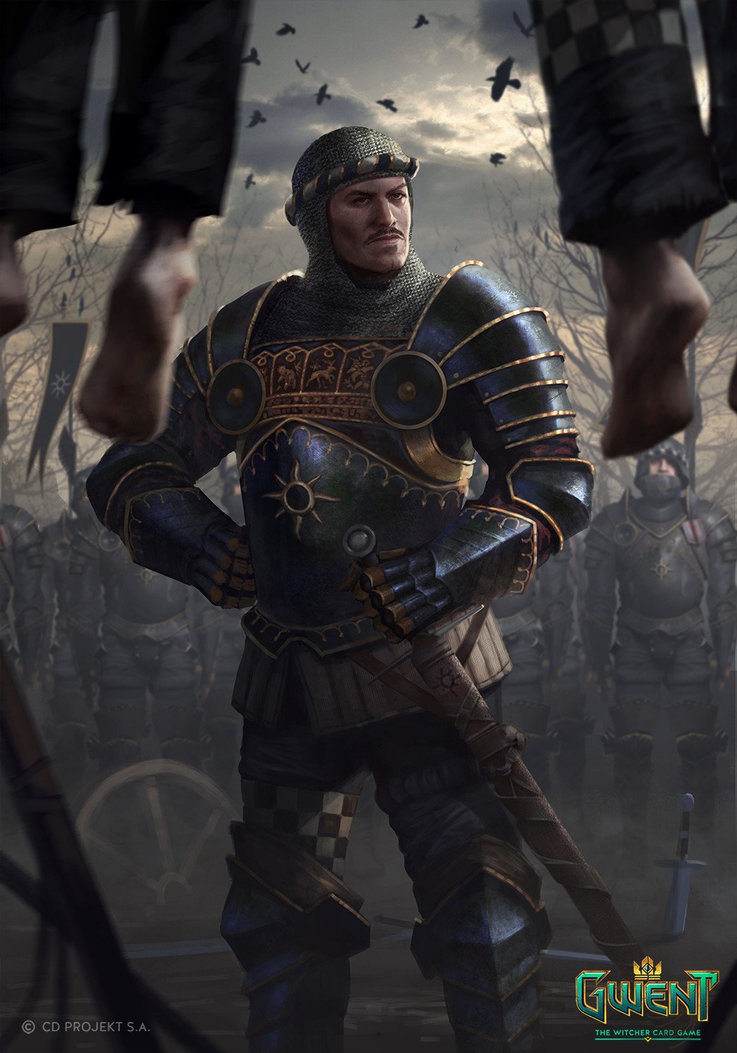 A knight clad in detailed armor stands confidently amidst a foggy battlefield, surrounded by soldiers and ominous crows, from the video game Gwent: The Witcher Card Game.