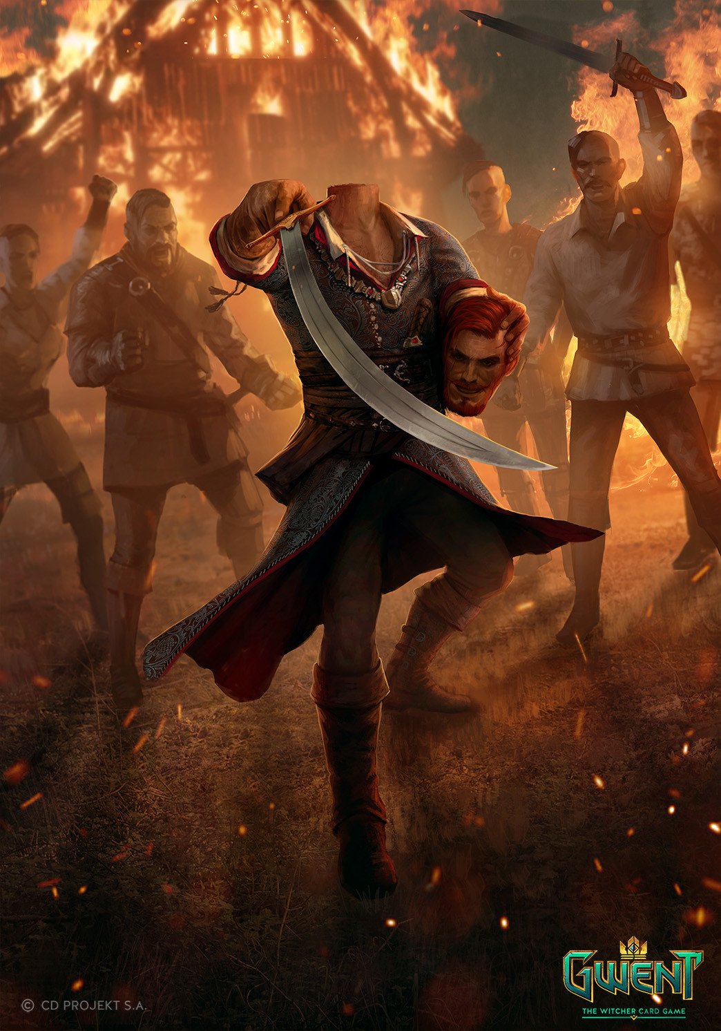 A headless warrior wielding a curved sword and holding a severed head charges forward while armed figures stand against a fiery backdrop in the video game Gwent: The Witcher Card Game.