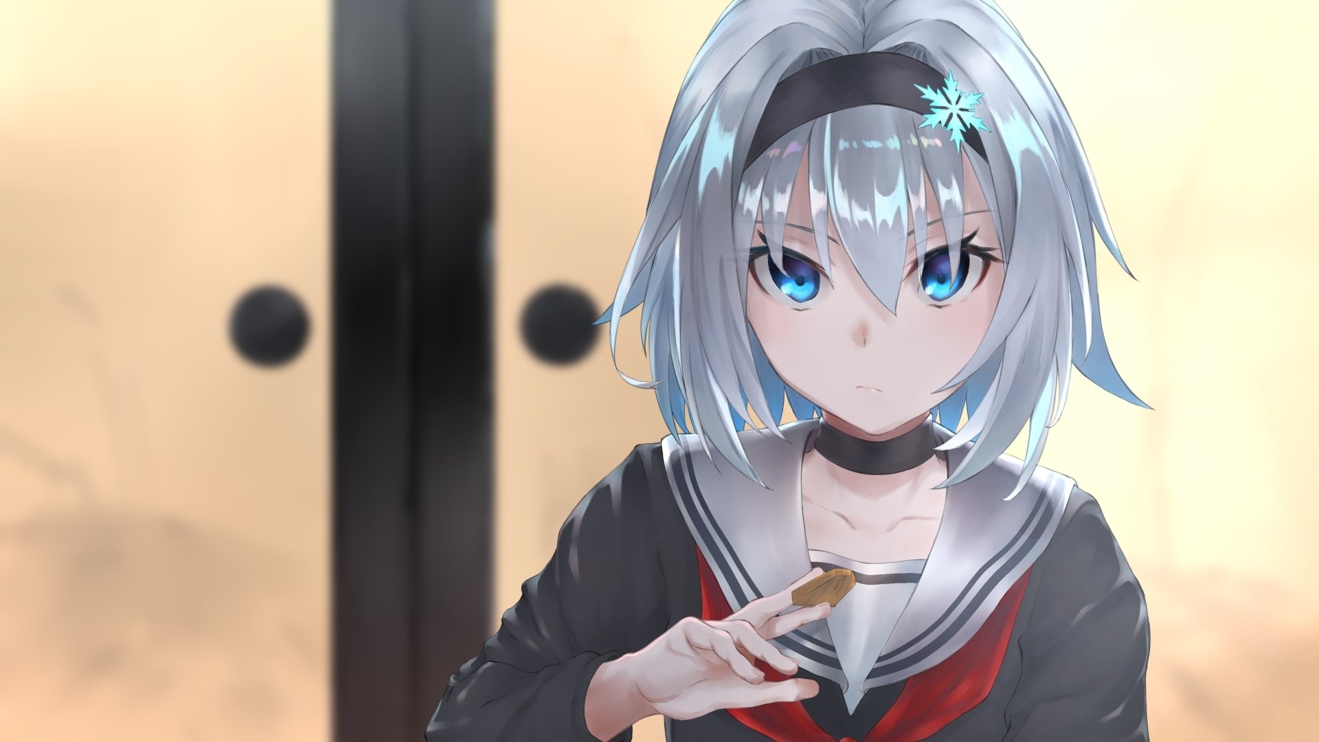 A character from the anime Ryuuou no Oshigoto! is depicted, featuring Ginko Sora with short silver hair and striking blue eyes, holding a snack while seated before a door.