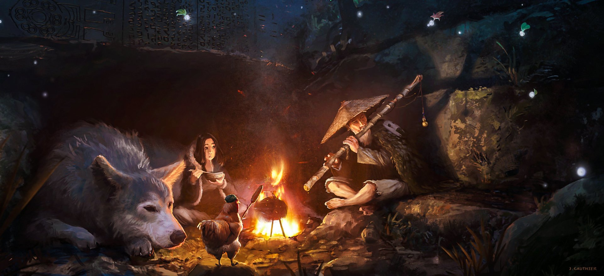 Download Campfire Chicken Wolf Fantasy People Art
