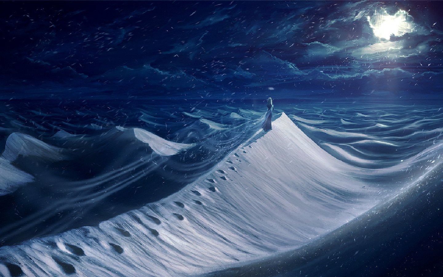 A solitary figure stands atop a snow-covered dune, surrounded by swirling, dark waves beneath a luminous moon, evoking a surreal fantasy landscape.