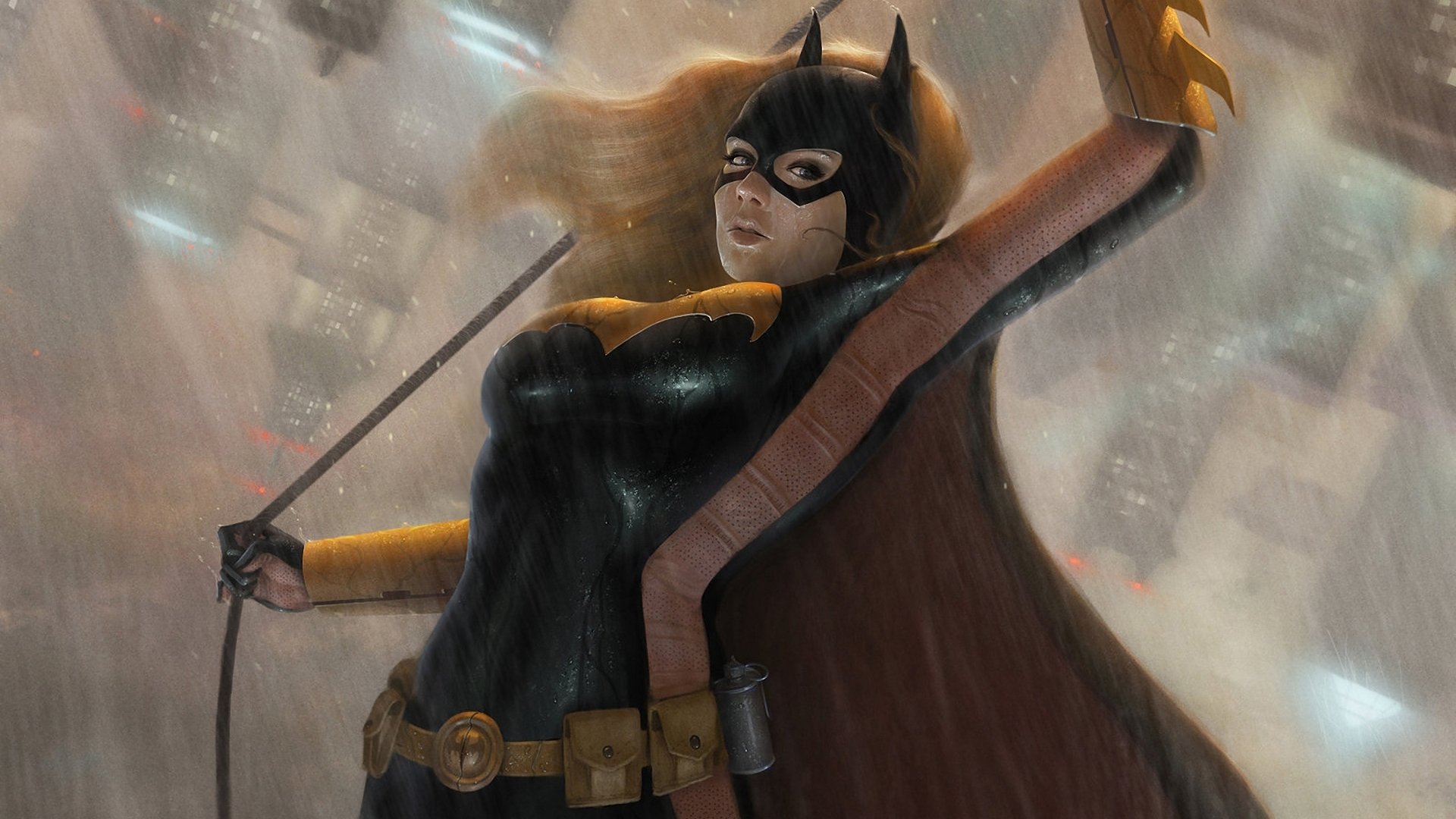 A dynamic scene from the video game Batman: Arkham Origins featuring Batgirl in action during a rainstorm.