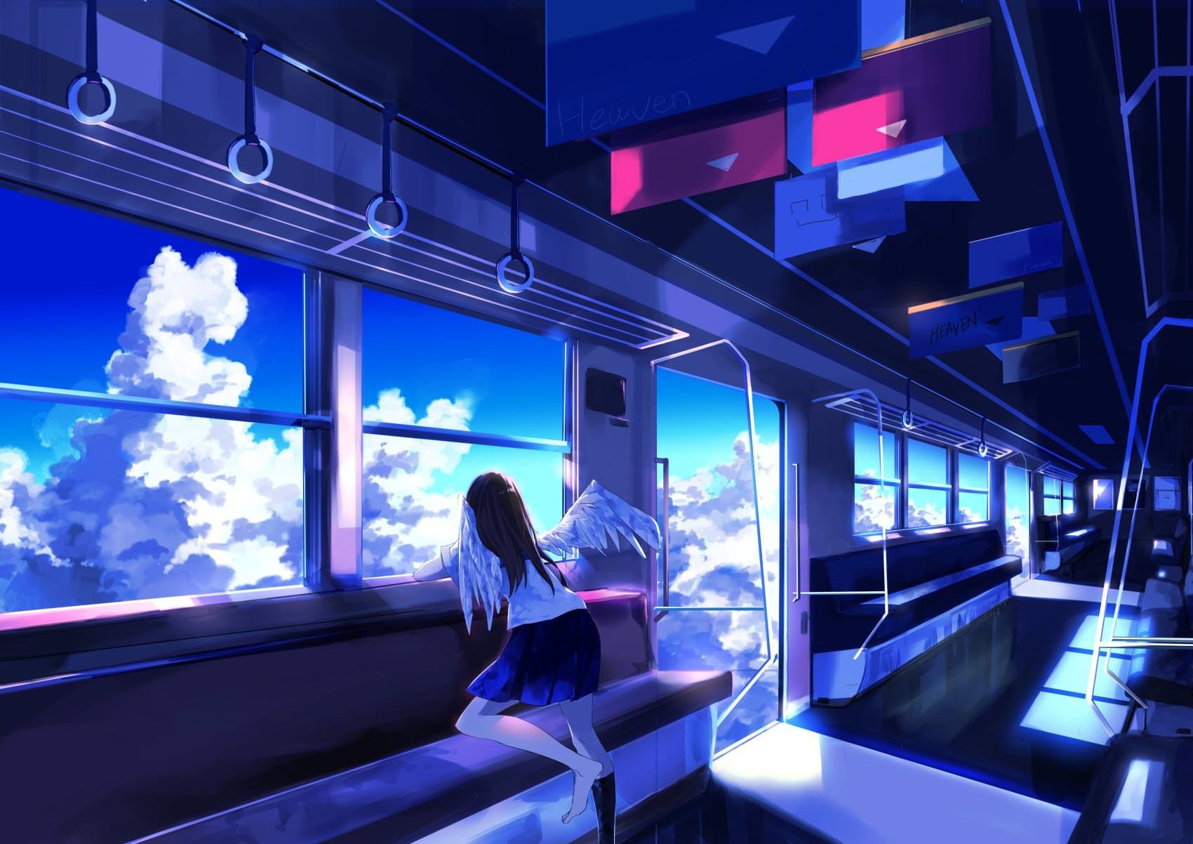 Anime girl kneels on a train seat, gazing at sunlit clouds through wide windows; neon-blue interior and geometric ceiling panels lend a surreal, tranquil atmosphere.