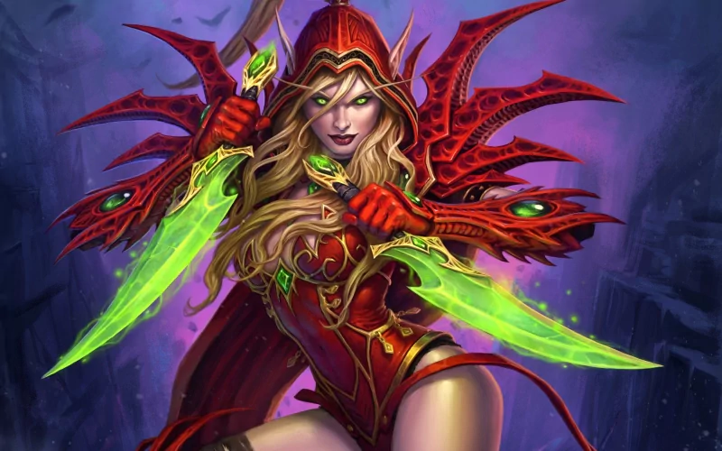 A powerful character from Hearthstone: Heroes of Warcraft, depicted with glowing green daggers and a striking red outfit, set against a mysterious dark background.