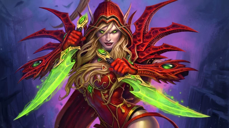A fierce character from the video game Hearthstone: Heroes of Warcraft, showcasing a rogue with glowing green blades and an elaborate red outfit against a mystical background.