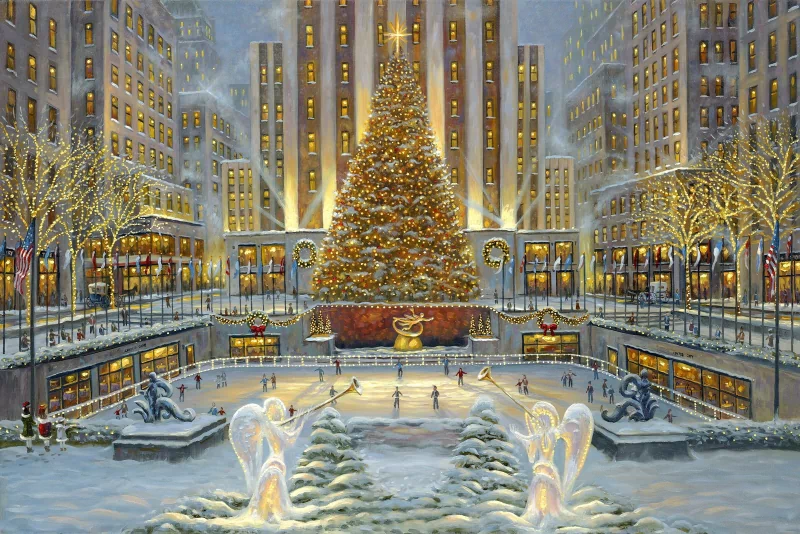 Artistic depiction of Rockefeller Center during Christmas, showcasing a grand tree surrounded by festive lights, snow, and elegant sculptures, capturing the holiday spirit.