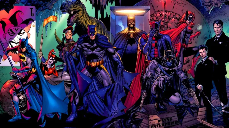 Group of Batman characters including Damian Wayne, Tim Drake, Dick Grayson, Jason Todd, Kate Kane, Bruce Wayne, Alfred Pennyworth, and Harley Quinn from Batman: Battle for the Cowl comic.