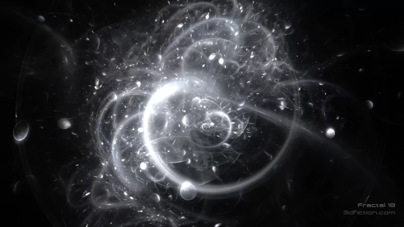 Abstract fractal showing a luminous white spiral of swirling filaments and glowing orbs on a deep black background, suggesting a nebula-like cosmic vortex.
