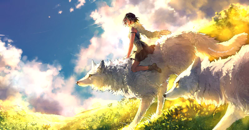 A character from the anime Princess Mononoke rides a large white wolf through a vibrant, sunlit landscape filled with lush greenery and colorful skies.