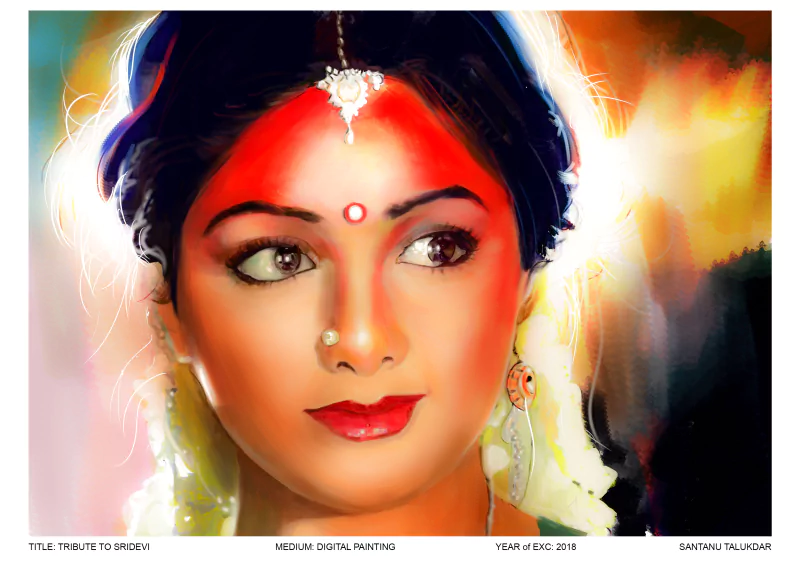 Portrait of Bollywood actress Sridevi adorned with traditional jewelry and makeup, highlighted by warm, glowing hues.