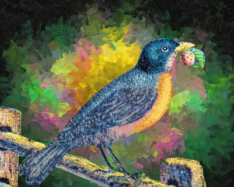 Painting of an animal: a colorful bird perched on a branch, clutching a green caterpillar in its beak against a vivid yellow-green background.