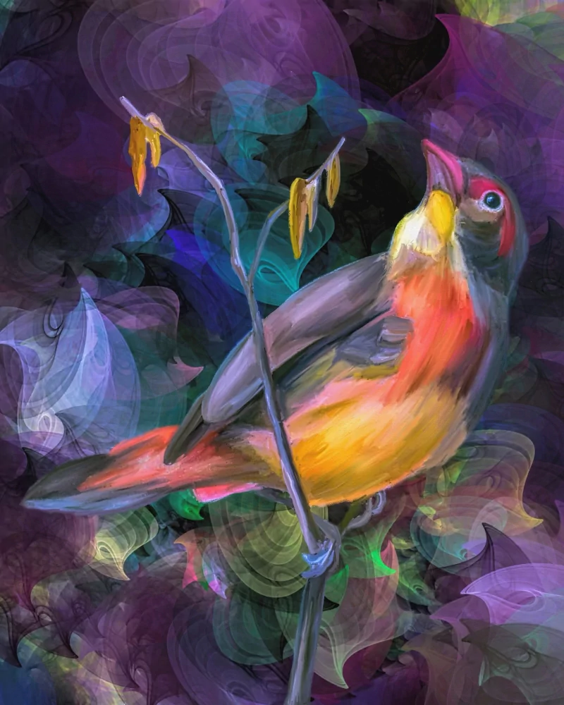 Colorful bird (animal) perched on a slender branch amid swirling purple and teal abstract shapes.