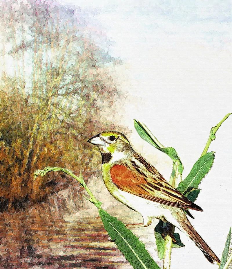 Painting of an animal — a small bird perched on green stalks beside a tree-lined pond, rendered in warm earthy tones with delicate, watercolor-like brushstrokes.