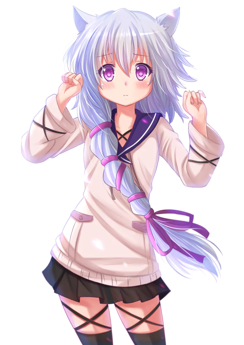 Anime-style illustration of Midori Fuse from Black Bullet, featuring her with silver hair, purple eyes, cat ears, and a school uniform with a long braided ponytail.