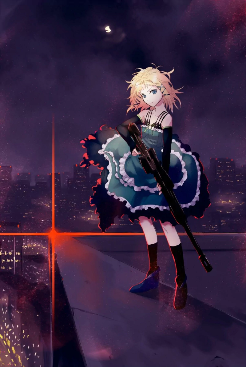 Tina Sprout from the anime Black Bullet stands on a rooftop at night, holding a large sniper rifle with a city skyline illuminated beneath a dark, starry sky.