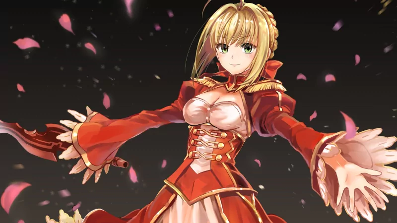 Saber (Fate Series) from Fate/Extra Last Encore in a red ornate dress, arms outstretched and smiling as pink petals fall against a dark background.