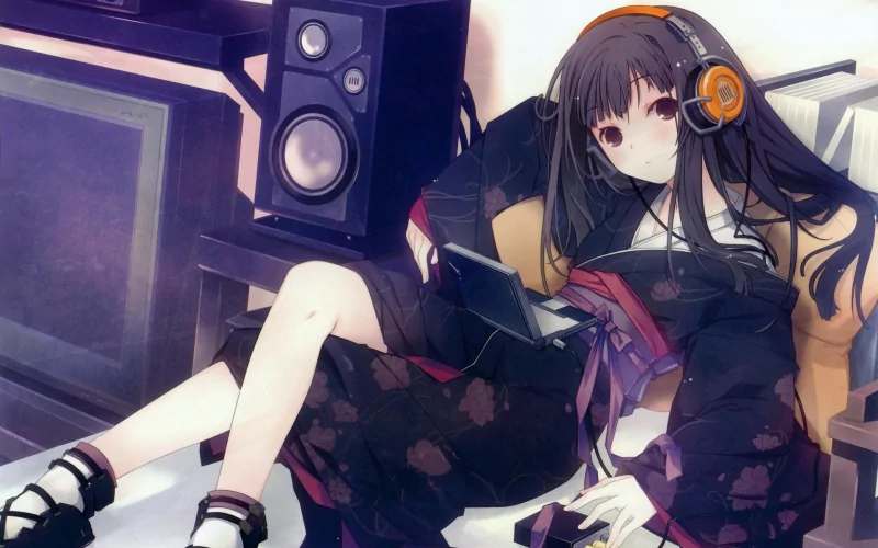 A cute anime girl with black hair relaxes with headphones on, sitting next to speakers, enjoying her time in a colorful, cozy setting.