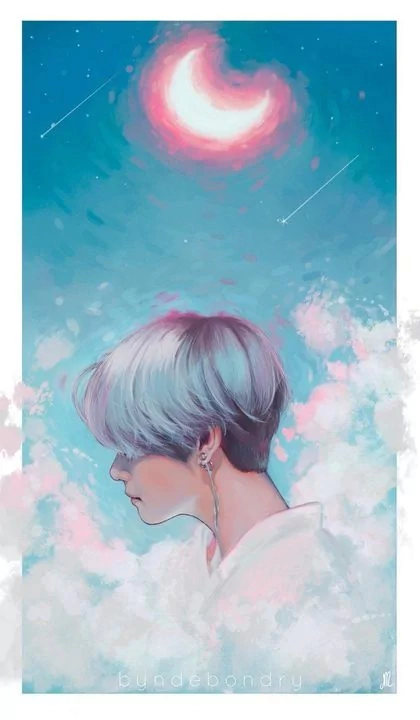 Digital art of a BTS member with silver hair surrounded by clouds, against a dreamy sky with a glowing crescent moon and shooting stars, capturing a serene musical vibe.
