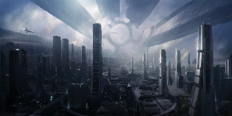 Futuristic cityscape with towering buildings and a large spaceship hovering above, set in the sci-fi universe of Mass Effect 2.