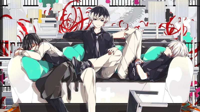 A stylish illustration featuring Ken Kaneki from Tokyo Ghoul:re, sitting confidently on a couch, flanked by two other characters, against a vibrant, abstract backdrop.
