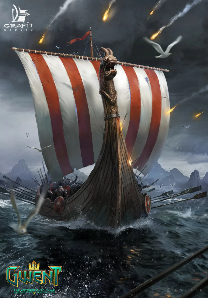 A Viking longship with striped sails sails through stormy seas under a dark sky with flaming arrows, artwork from the video game Gwent: The Witcher Card Game.