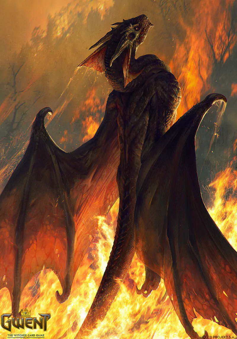 A fierce dragon rises amidst roaring flames in an intense scene from the video game Gwent: The Witcher Card Game.