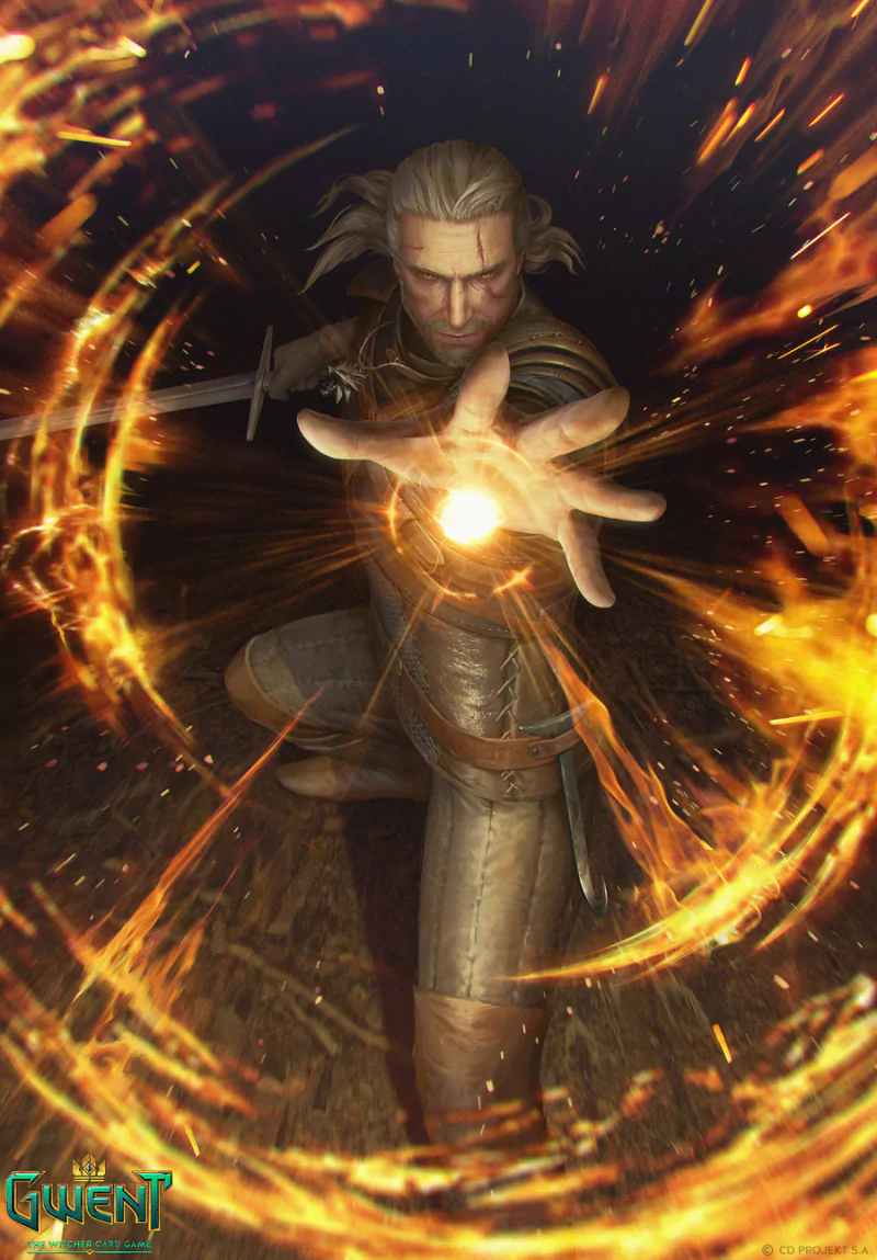 Geralt of Rivia from Gwent: The Witcher Card Game thrusts a hand forward, unleashing a fiery ring of magic while gripping a sword behind him.