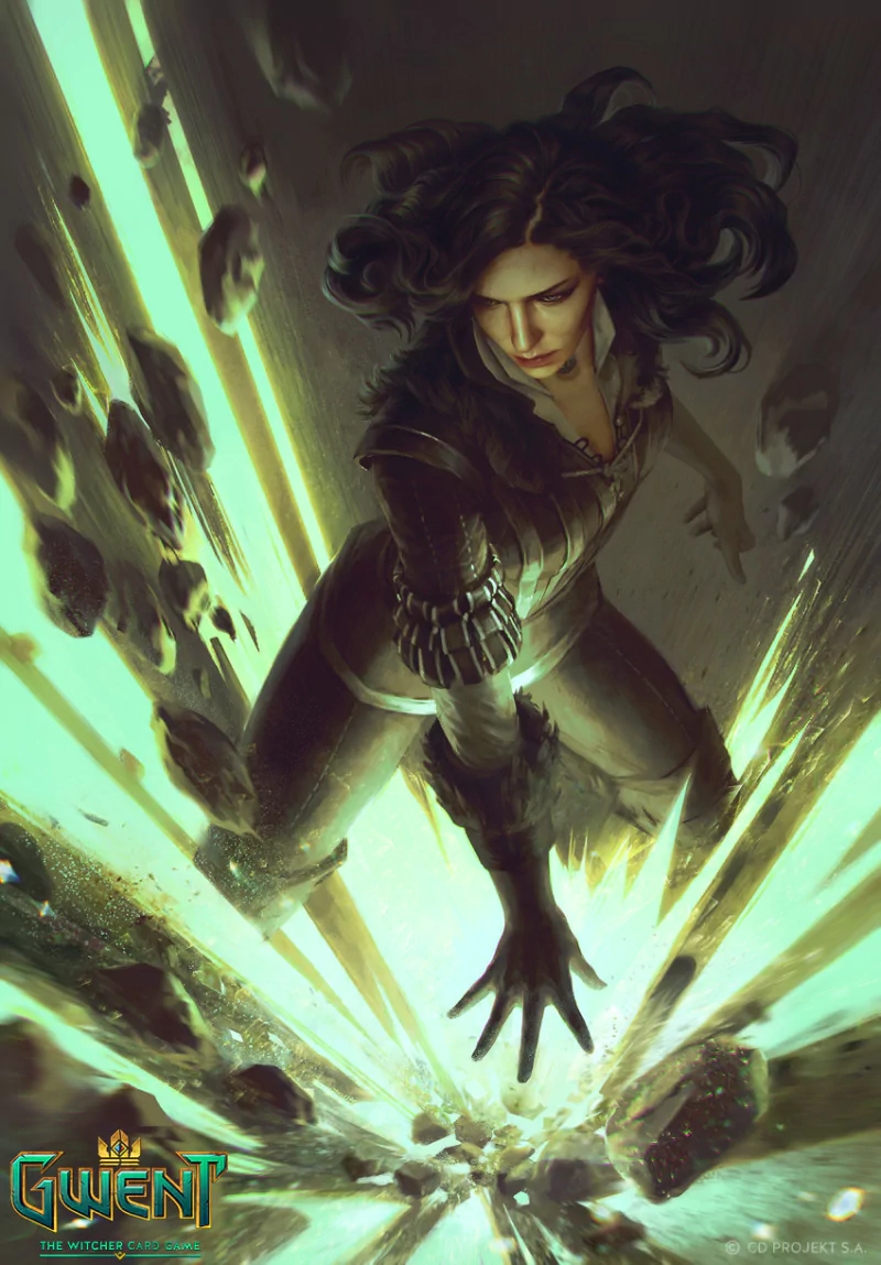Yennefer of Vengerberg from Gwent: The Witcher Card Game — dark-haired sorceress descending, unleashing green magical energy that shatters stone beneath her.