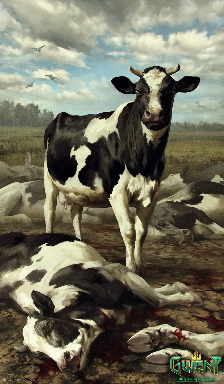 Artwork from Gwent: The Witcher Card Game depicting a black and white cow standing over a fallen cow in a misty, open field under a cloudy sky.