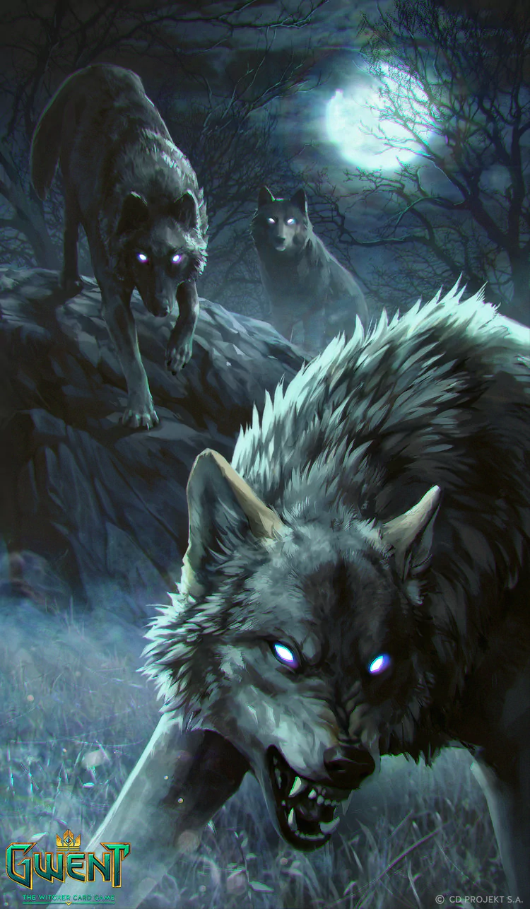 A pack of glowing-eyed wolves prowls under a full moon in a dark forest, artwork from the video game Gwent: The Witcher Card Game.