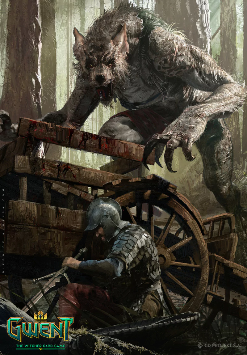 A menacing creature looms over an armored warrior beside a broken cart in a dark forest, depicted in artwork from the video game Gwent: The Witcher Card Game.