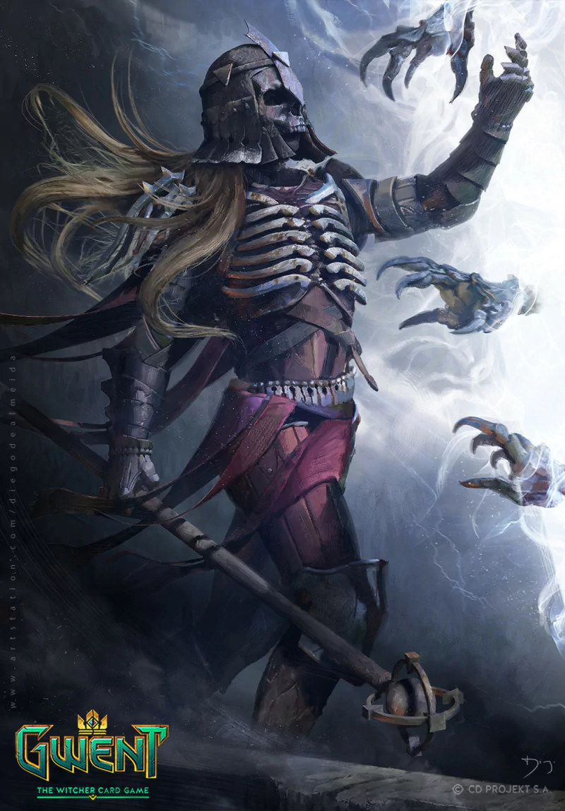 Illustration from Gwent: The Witcher Card Game depicting a skeletal warrior in armor summoning ghostly hands amid a stormy, dark atmosphere.