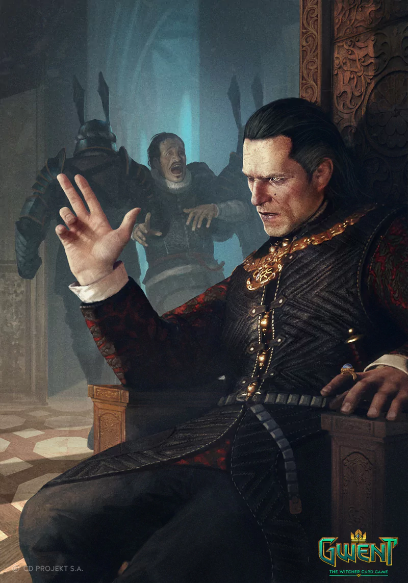 Emhyr var Emreis, depicted in detailed attire, sits commandingly on a throne with two armored figures behind him in a scene from the video game Gwent: The Witcher Card Game.